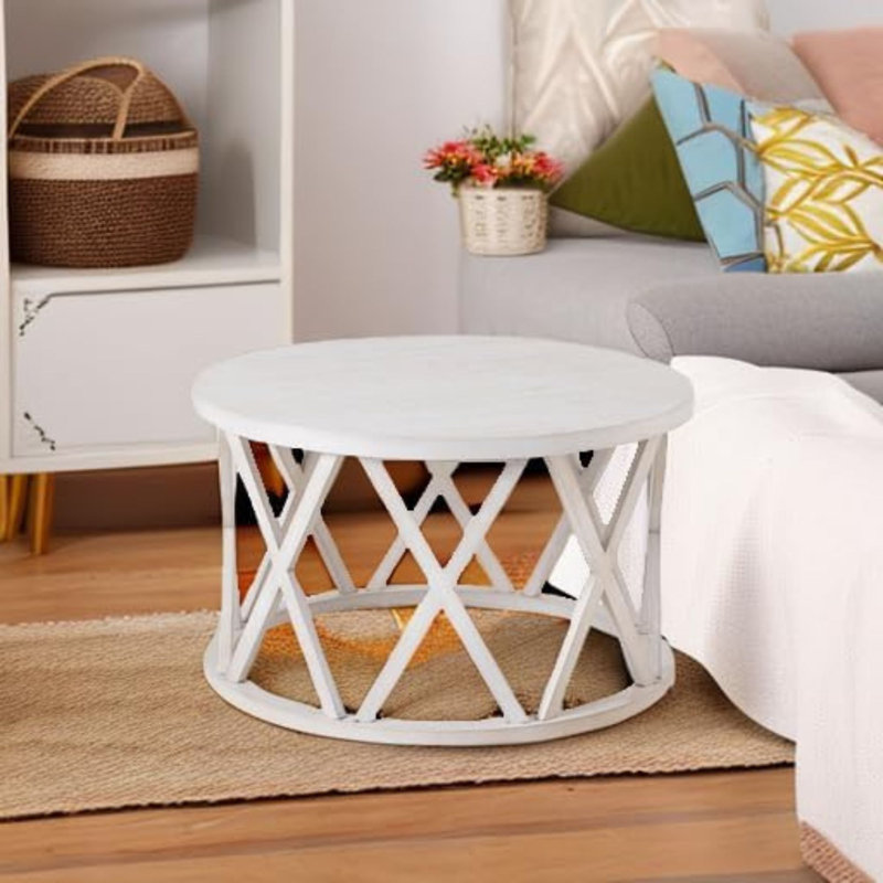  Rustic Farmhouse Round Coffee Table, X-Motifs Legs & Wood Textured Top, White