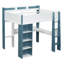 Lit mezzanine double en bois pleine grandeur avec tablettes de rangement intégrées, tringles à vêtements et bureau, blanc et bleu-577808339