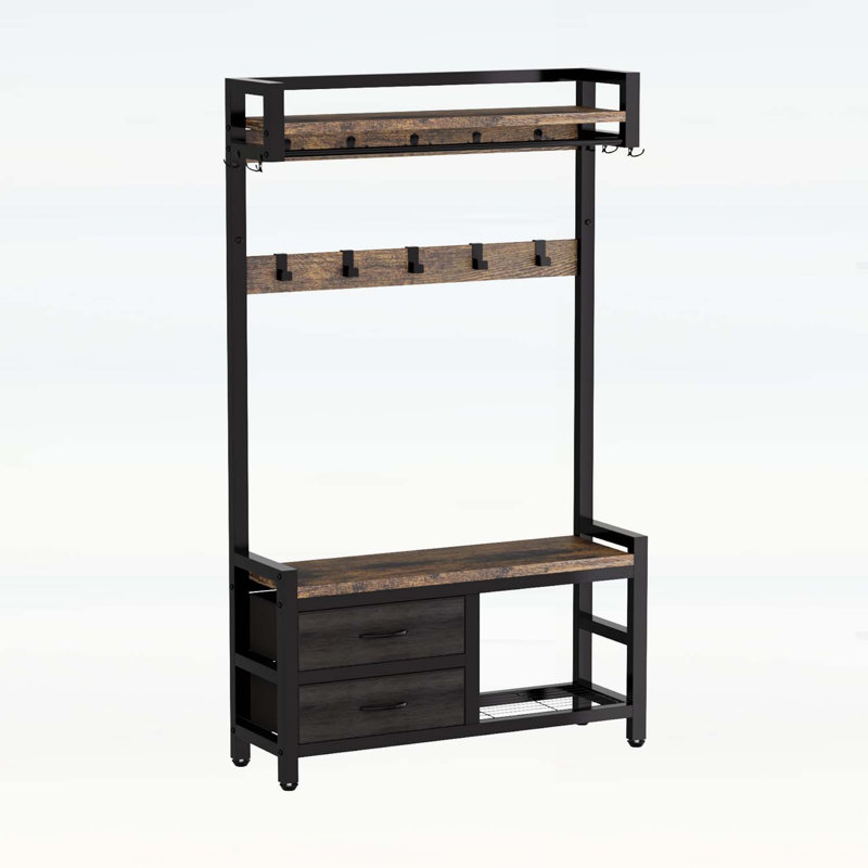 33.1 Inch Wide Multi-Functional Hall Tree with 2 Movable Drawers, Shoe Storage, Shelves, and Garment Racks, 5-in-1 Entryway Bench with 23 Hooks