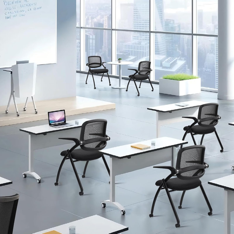 CLATINA Stackable & Foldable Conference Chair with Wheels, Ergonomic Mesh Back, 300lbs Capacity, Breathable Padded Seat, Adjustable Armrests, Office Chair for Reception, Training, Home, Black, 1PK