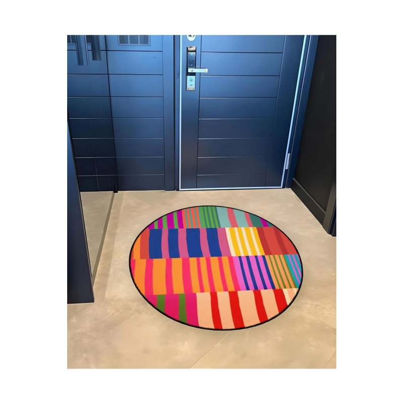 Multicolored Striped Geometric Patterned Round Woven Base Modern Decorative Carpet, Round 2'8"