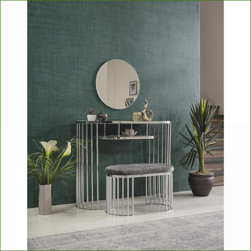 Ottoman, Modern Slate Gray Fabric Top with Chrome Legs – Entryway/Bedroom/Living Room | Chrome Silver | Metal Frame, Gray