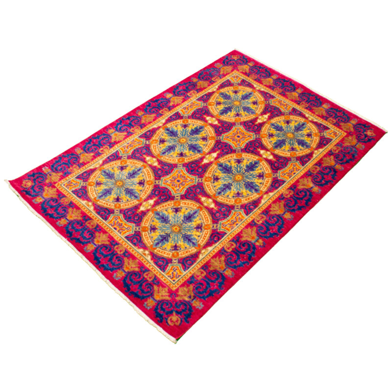 Tapis décoratif en laine de conception unique 6 pi x 8 pi 9 po Bryleah noué à la main New Age Lahore de style rose foncé/bleu marine/jaune clair
