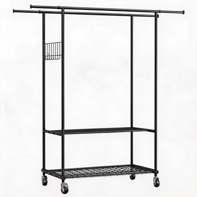 Support à vêtements robuste pouvant supporter 550 lb, support à vêtements roulant avec tringle double et tablettes, tringle à vêtements réglable en hauteur