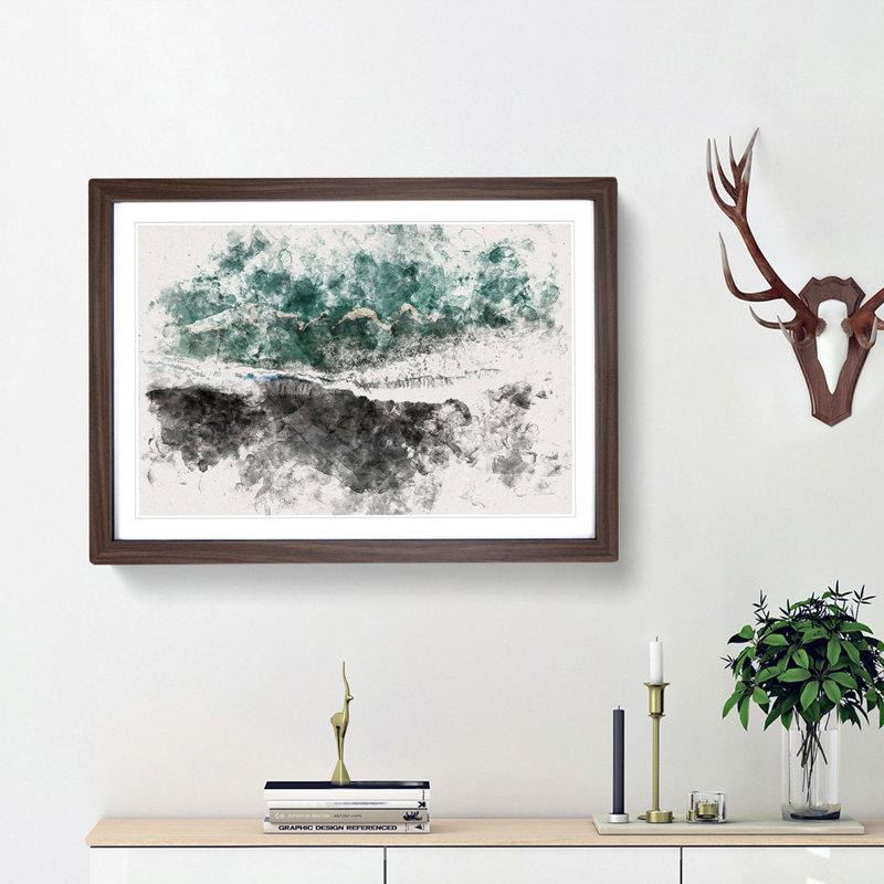 Above The Black Sand Beach In Iceland Watercolour - Single Picture Frame Print on MDF, 45cm H x 63cm W x 2cm D, Walnut Framed