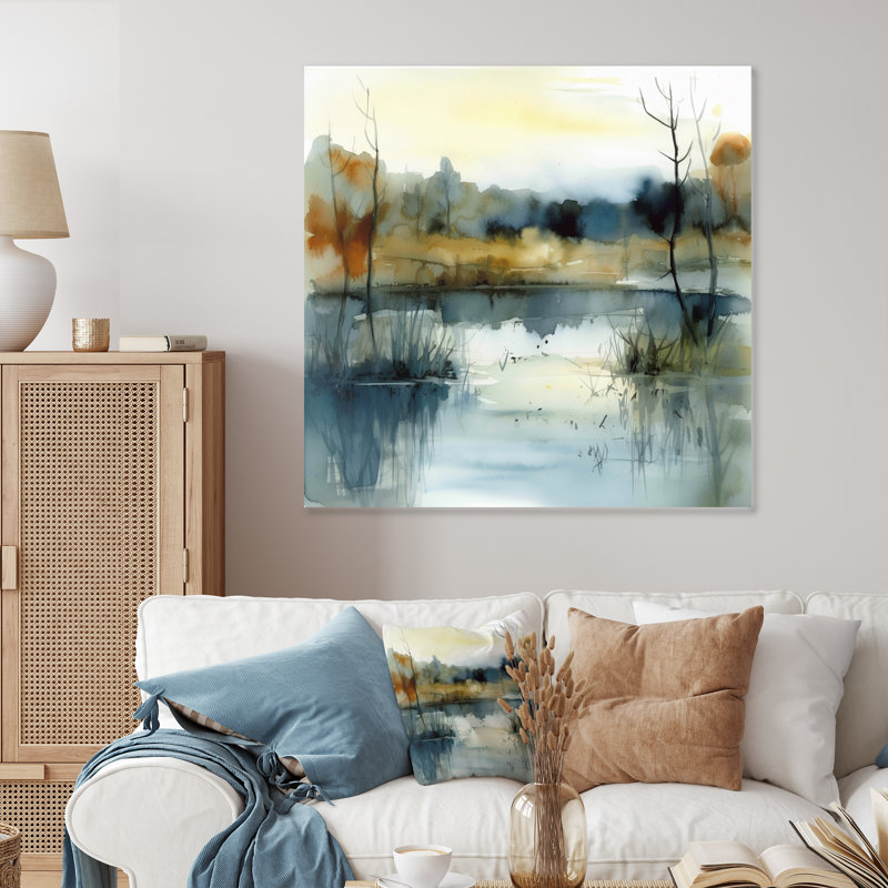 Illustration de paysage de lac d'été VI - Impression de paysages sur métal, H 16 po x l 16 po x P 1 po