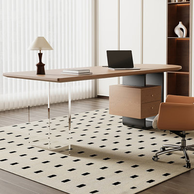 Bureau brun / noir + demi-cercle en bois massif + acier + acrylique avec 2 tiroirs