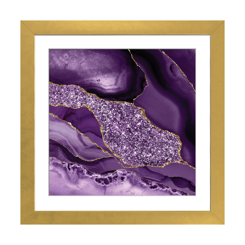 Agate scintillante, texture océan III, H 24 po x l 24 po x P 1 po, Blanc, Papier avec cadre doré doré