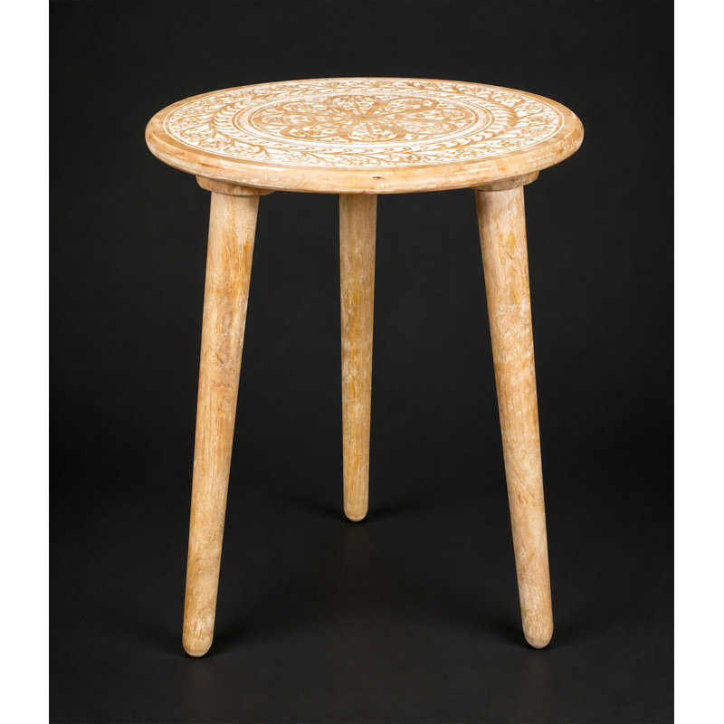 Table de bout en bois massif sculpté à la main à 3 pieds, bois blanc, White