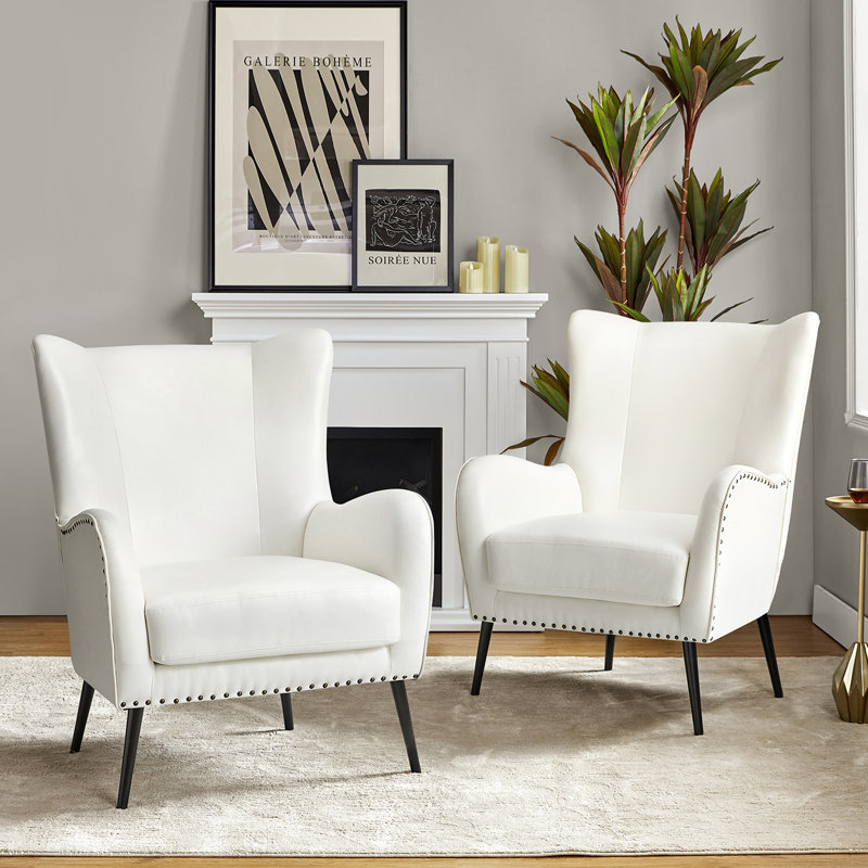 Atalyia 30" W Faux Leather Wingback Armchair with Nailhead Trim, Ivory Vegan Leather