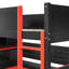 Lit mezzanine moderne en bois avec rangement et bureau, noir et rouge