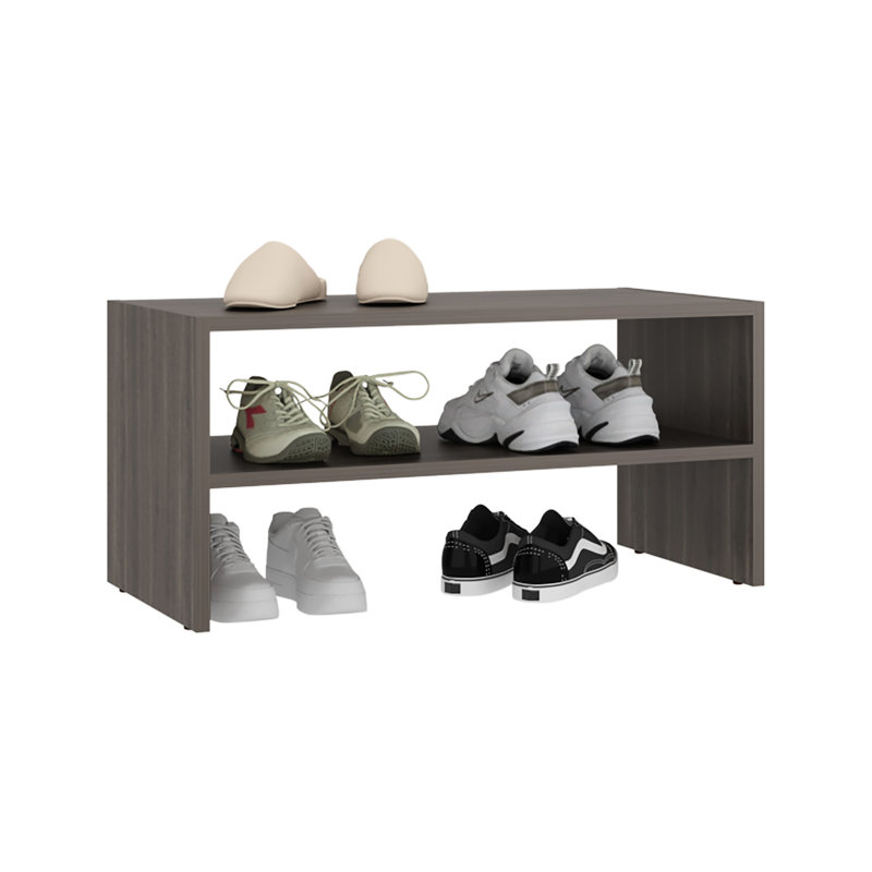 Petit range-chaussures à panneau de particules gris à trois tablettes ouvertes de 23,6 po de largeur, compact et moderne pour le vestibule ou le placard, organisateur de crayons à dessus plat avec tablettes, surface facile à nettoyer pour une utilisation quotidienne