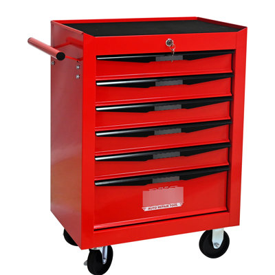 Boîte de rangement pour outils à 6 tiroirs de 20,86 po de profondeur, noir et bleu, comptoir lisse, verrouillable, coffre en métal à 4 roulettes, 2 roues universelles avec freins, verrouillage par clé