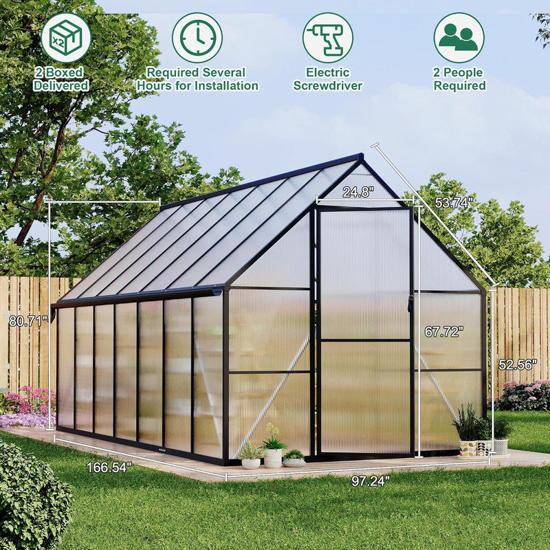 8'x14' Aluminum Frame Polycarbonate Greenhouse with Roof Vent & Gutter System, Black