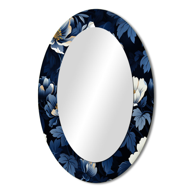 Nightfall - Motif floral bleu foncé et blanc - Grand miroir mural ovale sur métal, H 36 po x l 24 po