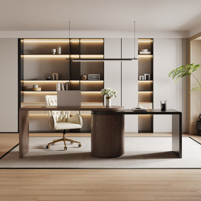 360 Rotating Dual Layout Desk With Open Shelf 2 Drawers And Color Block Design, Walnut