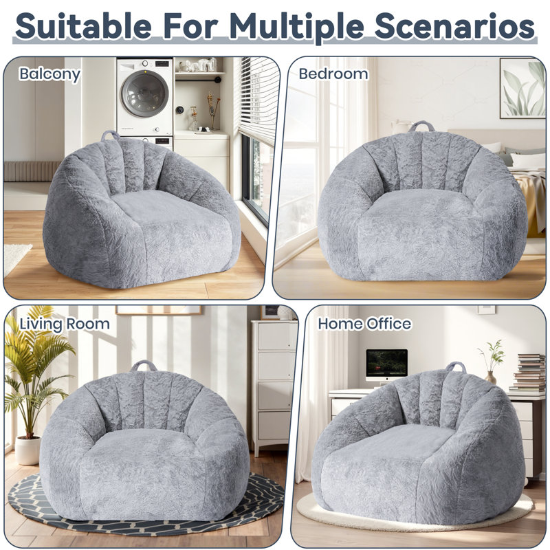 Fauteuil à billes ergonomique en fausse fourrure avec accoudoirs - Canapé de jeu en mousse viscoélastique de 47 po, support robuste de 400 lb, gris