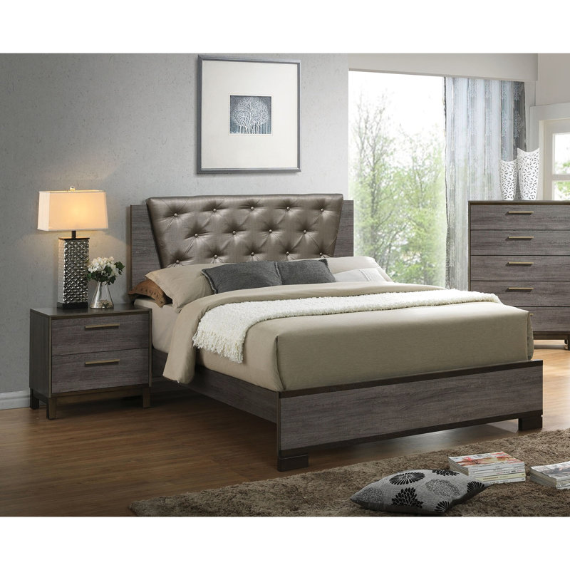 Table de chevet moderne pour chambre à coucher avec finition bicolore gris antique et base en bois massif à 2 tiroirs