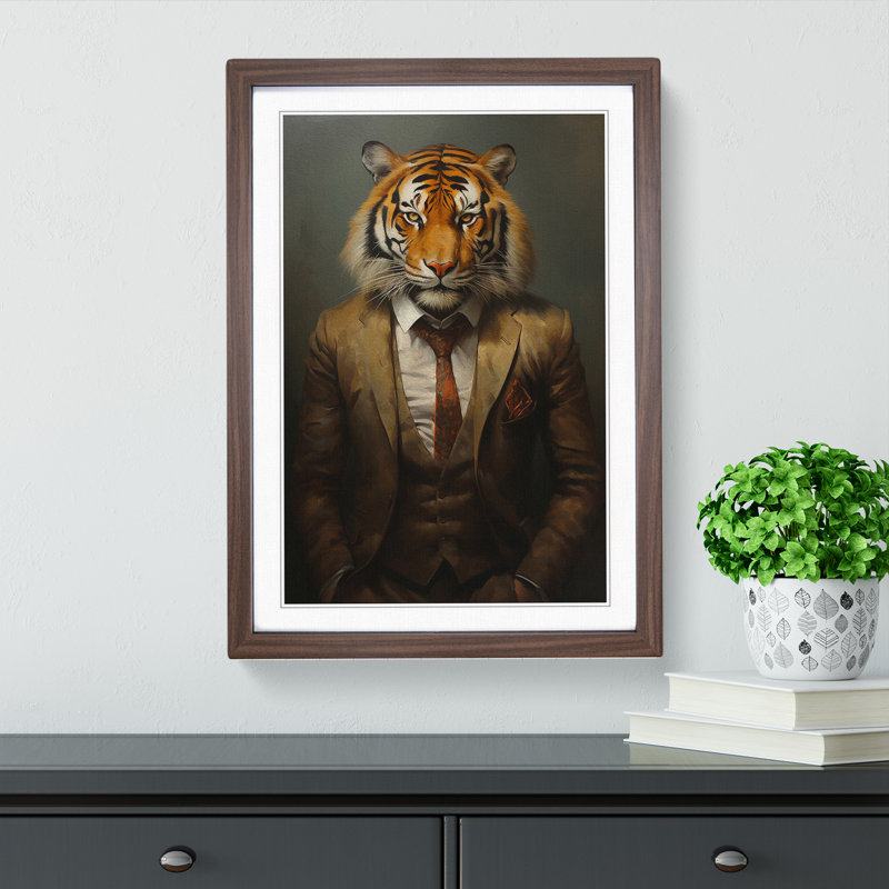 Tiger In A Suit Painting No.2 - Single Picture Frame Print on Wood, Walnut, 34cm H x 25cm W x 2cm D
