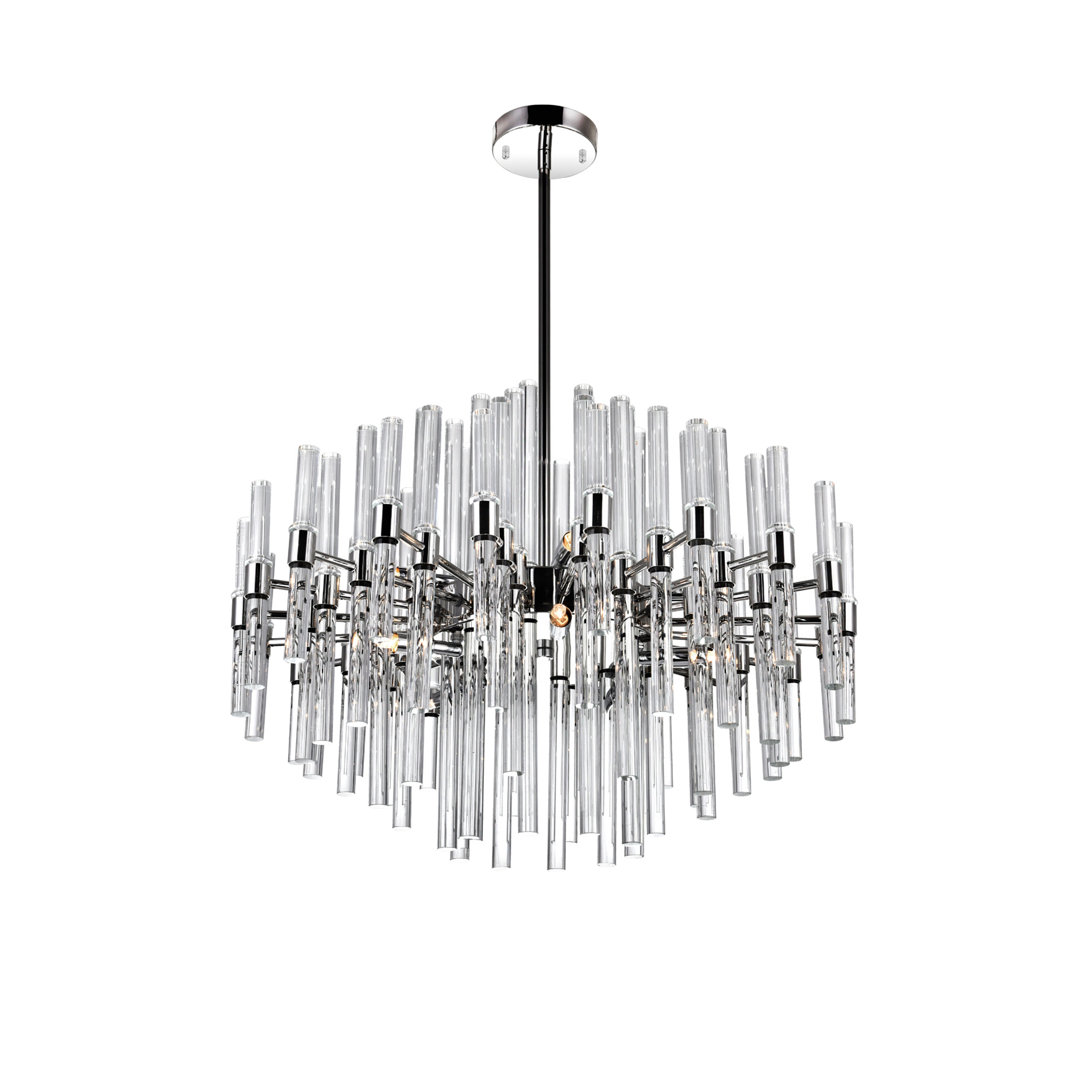 10 Light Chandelier, 26 Inch Modern Ceiling Light Fixture with Polished Nickel Frame & Glass Rods, for Dining Room, Foyer, Bedroom Everly Quinn