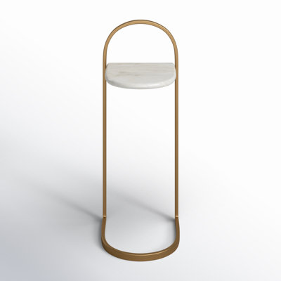 26"H Gold Metal C-Table with Abstract Marble Top: A Glamorous and Unique Accent Table for Your Living Room or Bedroom