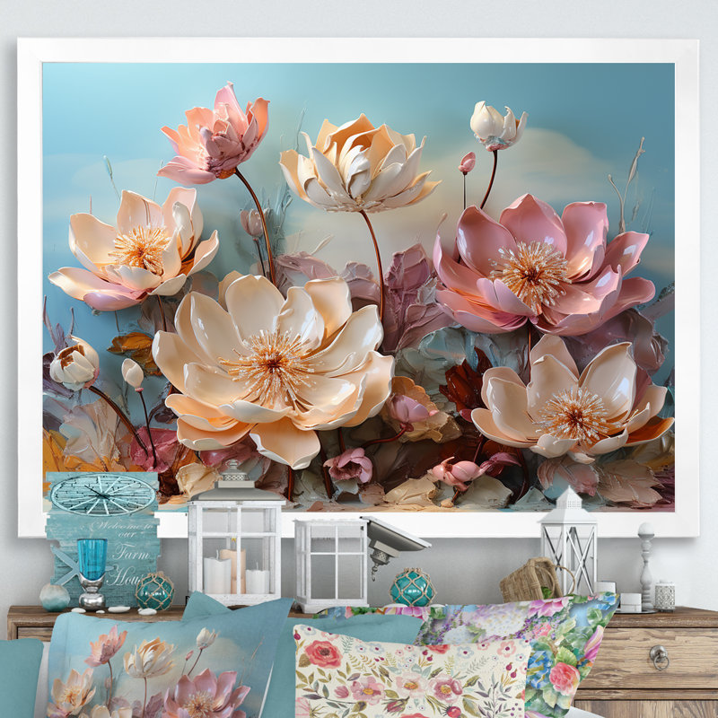 Fleur de lotus rose moderne - impression, H 16 po x l 32 po x P 1 po, Cadre simple blanc