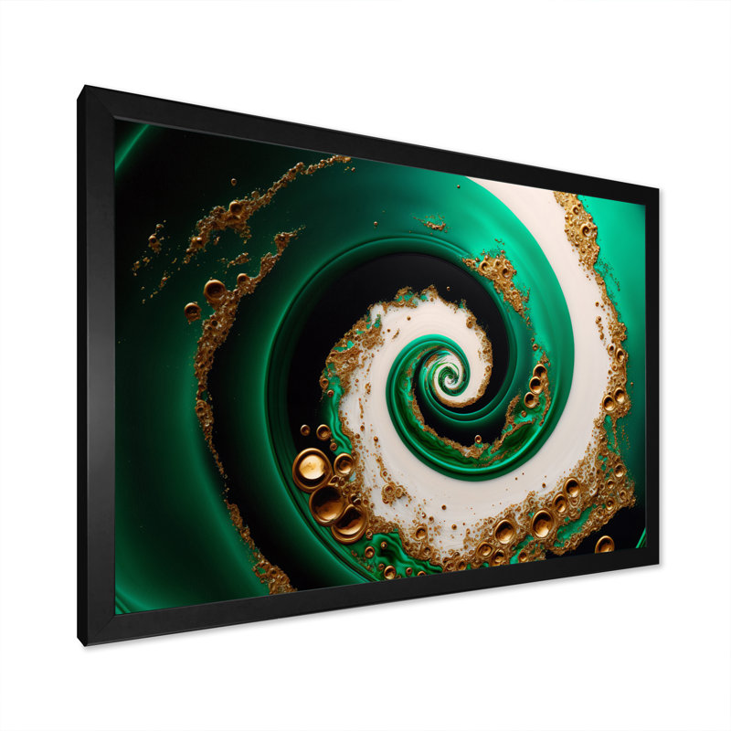 " Green And Gold Crashing Waves I ", Black Picture Framed Canvas, 12" H x 20" W x 1" D