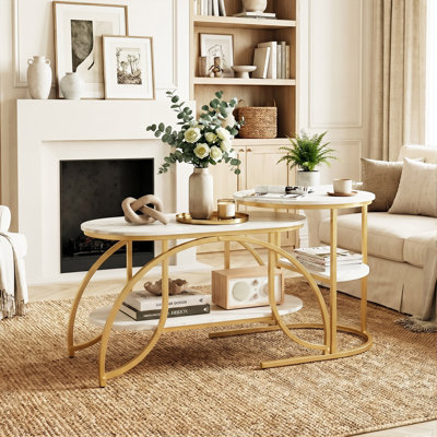 Oval & Round Nesting Coffee Tables (80+52Cm), High-Low Marble Effect Duo With 4-Tier Storage