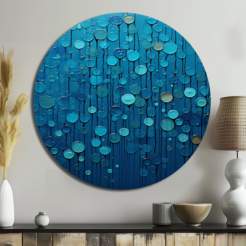 «Abstract Rainy Blue Collage», art mural rond en métal abstrait, H 29 po x l 29 po