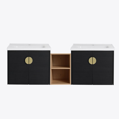 Meuble-lavabo à fermeture en douceur de 60 pouces avec lavabo et petites tablettes de rangement