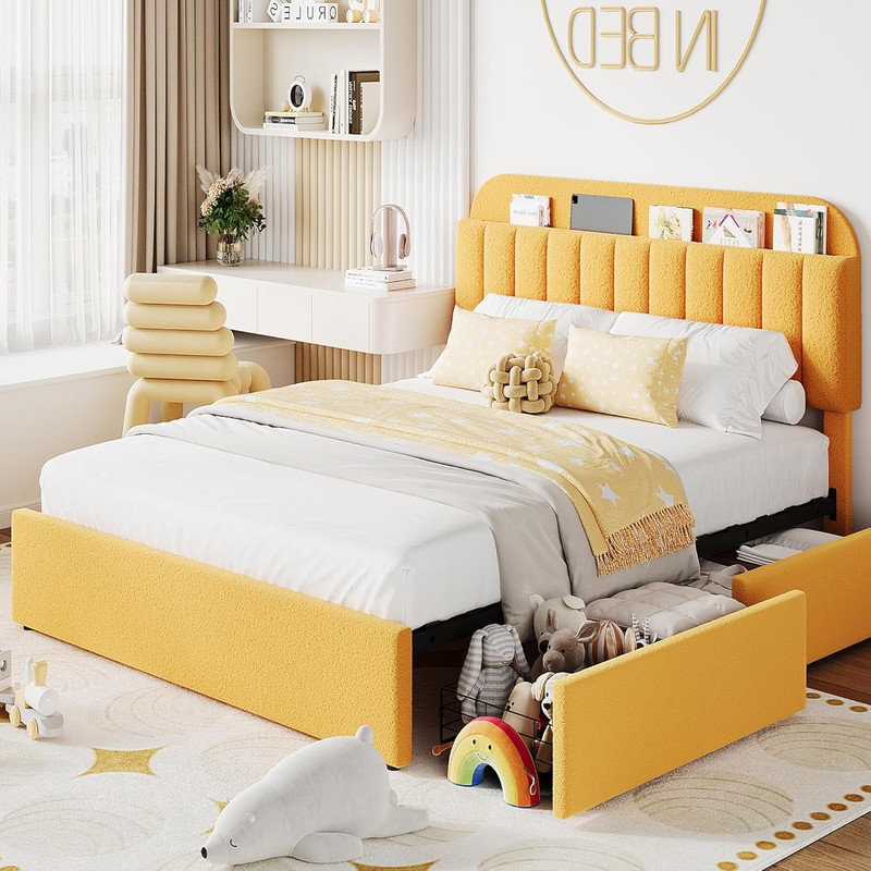 Ebern Designs Bed Frame with Bookcase Headboard & 2 Drawers, Boucle ...