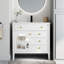 Lavabo de meuble-lavabo autoportant 35,6 po avec éclairage activé par le mouvement et le verre, lavabo intégré à tablettes réglables blanches, verre, lumières, meuble-lavabo, lavabo, système de tablettes