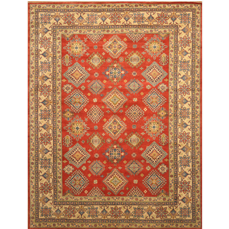 Tapis unique en laine noué à la main Kazak rouge / vert 9 pi 3 po x 12 pi 2 po Jevon
