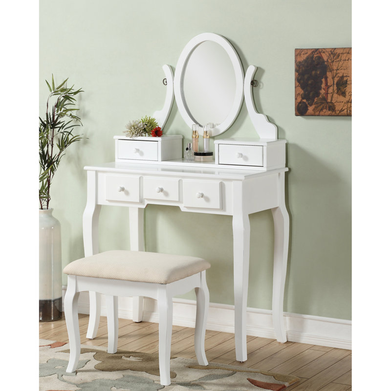 Table de coiffeuse blanche et tabouret By Wood - Miroir pivotant réglable et 5 tiroirs pour le rangement du maquillage