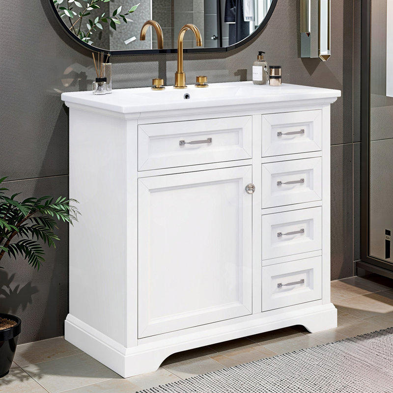 Meuble-lavabo sous-comptoir en céramique avec tiroir, Blanc