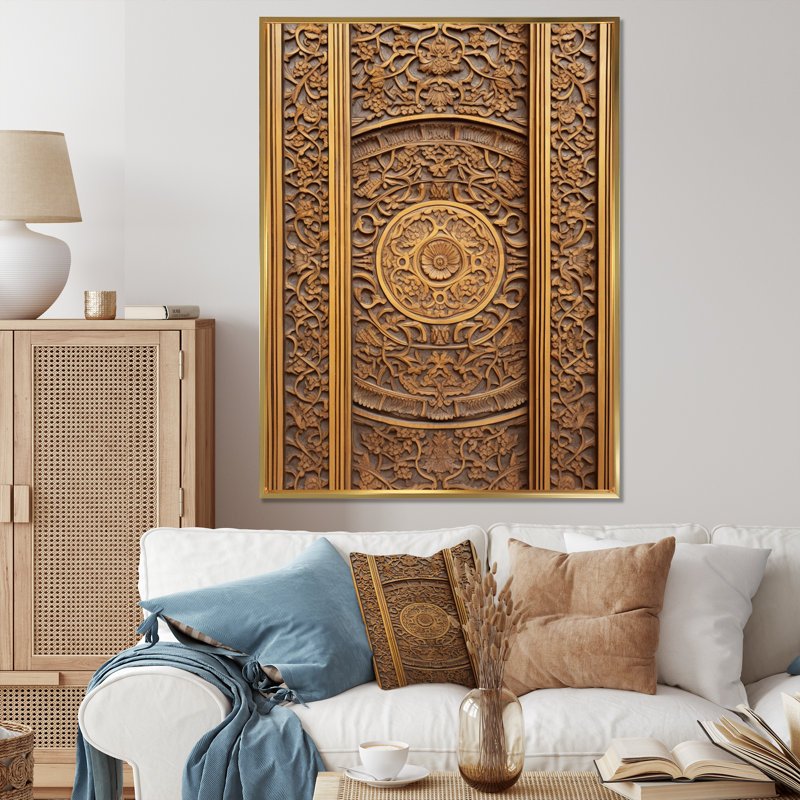 Vieille porte en bois sculpté I sur toile, H 32 po x l 16 po x P 1 po, Cadre flottant doré