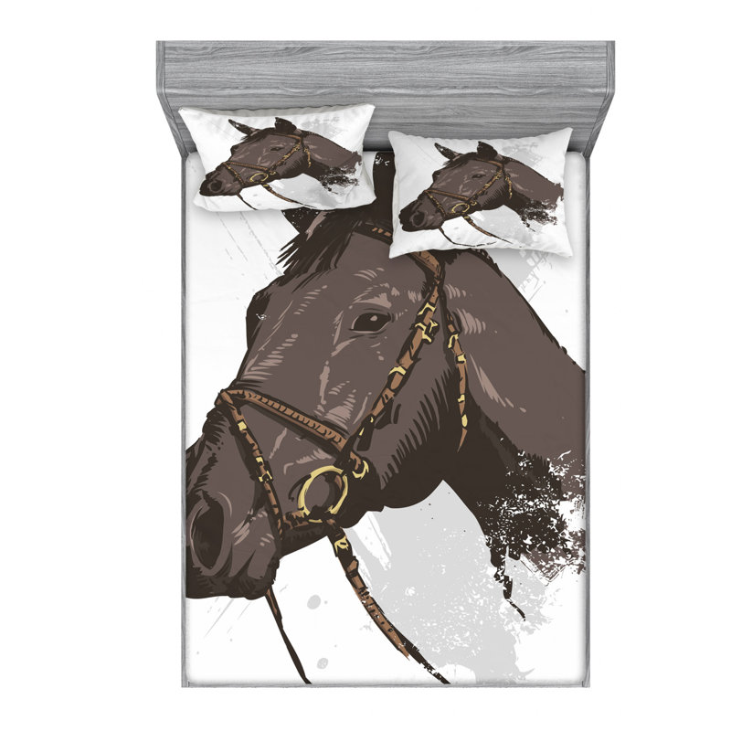 Full White and Brown Microfiber Horse Print Sheet Set