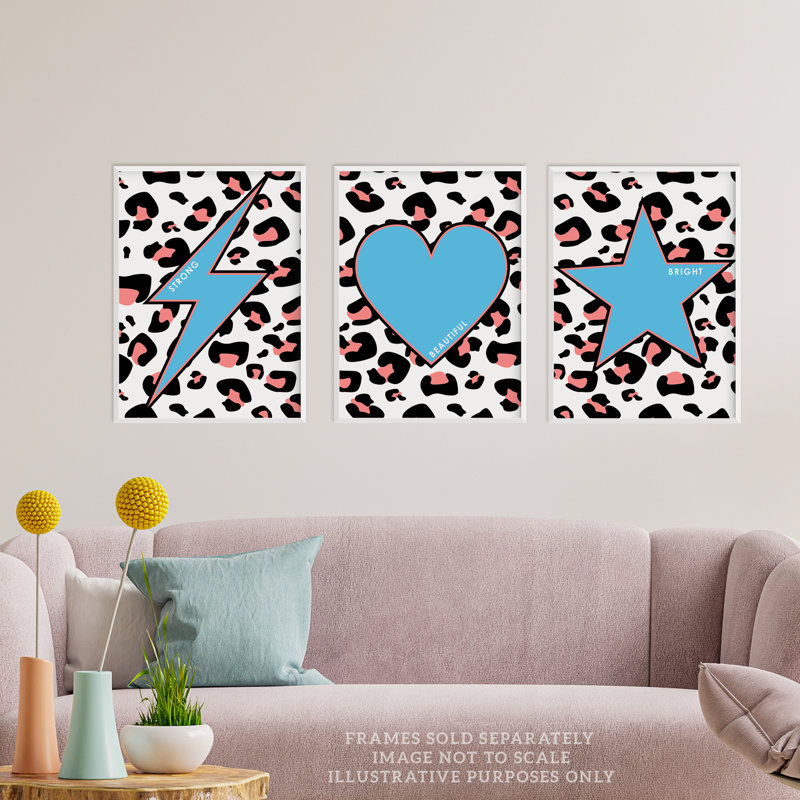 Leopard Pattern Motivational Beautiful Strong Bright Heart Star - 3 Piece No Frame Print Set, 29.7cm H x 21cm W x 0.4cm D
