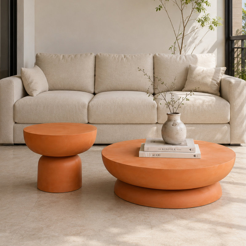 Ensemble de 2 tables basses rondes orange, style marbre, MGO, pour salon