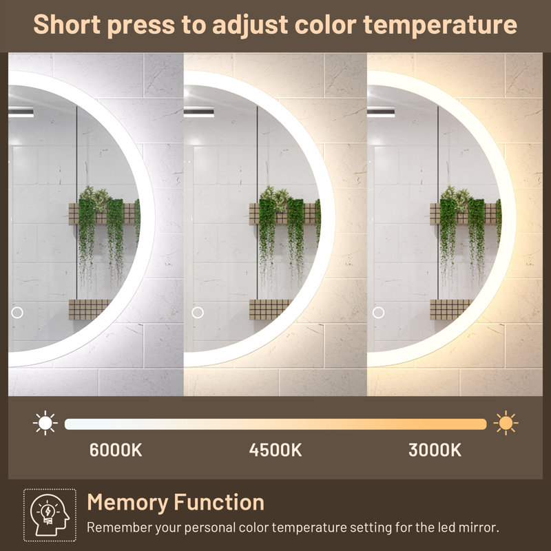 Roslindale Frameless Lighted Wall Mirror with 3 Color Brightness Adjustable & Anti-Fog, 24" x 24"
