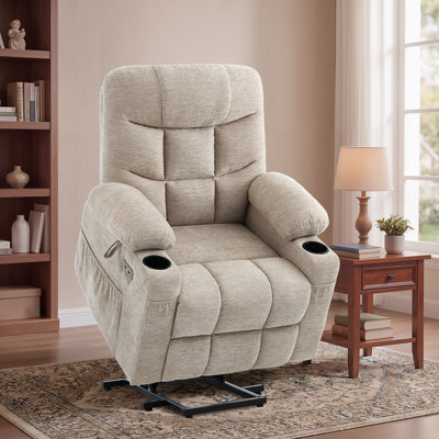 Fauteuil inclinable électrique à deux moteurs avec massage et chaleur, fauteuil inclinable électrique à position infinie avec USB A&C, porte-gobelets (tissu chenille, avoine, moyen)