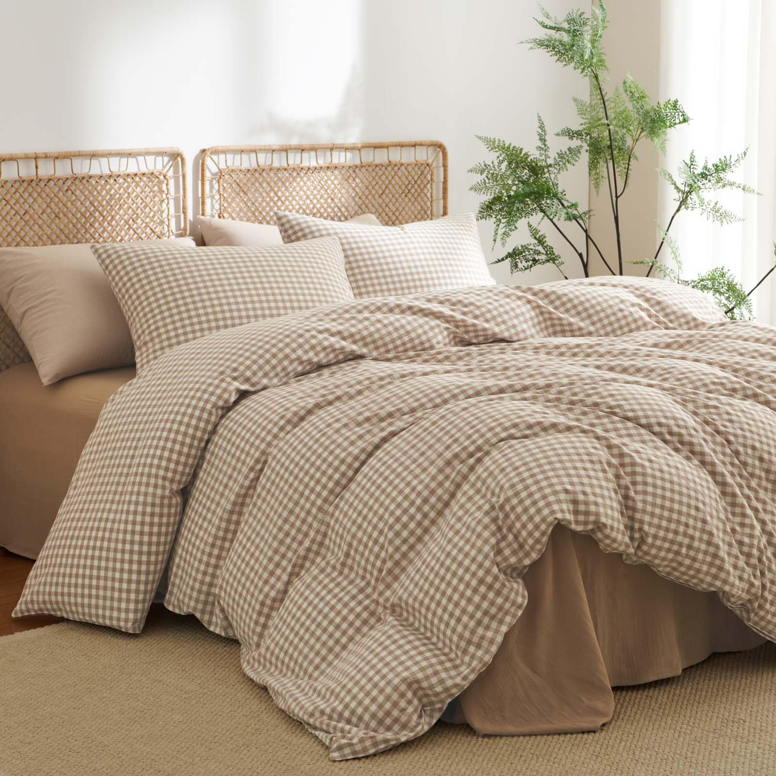 Nayoroom 3 Pieces Gingham Duvet Cover 100% Washed Cotton Plaid Checkered Duvet Cover Set Modern Grid Bedding Set With Zipper Closure Corner Ties - Queen Duvet Cover + 2 Standard Pillowcases