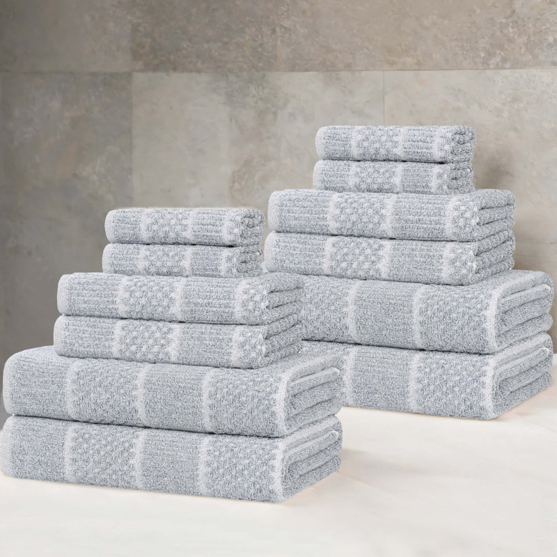 Naples Viscose Cotton Blend Medium Weight Checkered Quick Dry 12 Piece Towel Set, Denim Blue