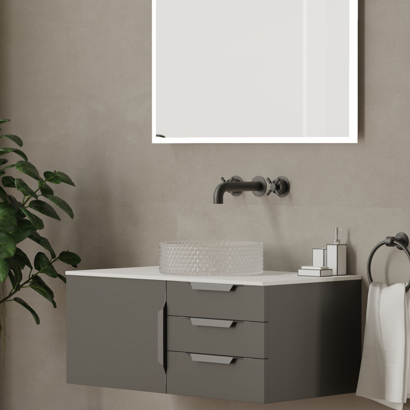 Wildsee 36" Floating Single Bathroom Black Vanity Set With Pink Tempered Glass Vessel Sink, Black, Pink