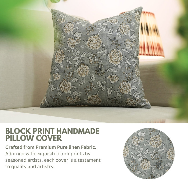 Housse de coussin en lin fabriquée à la main Fabcline Rameshwaram, accent bohème moderne - 26 po x 26 po, H 26 po x l 26 po