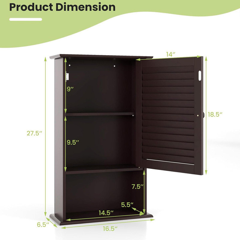 Espresso MDF Single Door Wall Cabinet with Adjustable Shelf