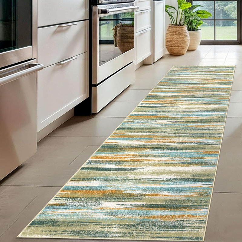 Tapis de couloir de cuisine lavable antidérapant, Tapis de couloir 2 pi x 8 pi, Vert / bleu sarcelle / moutarde