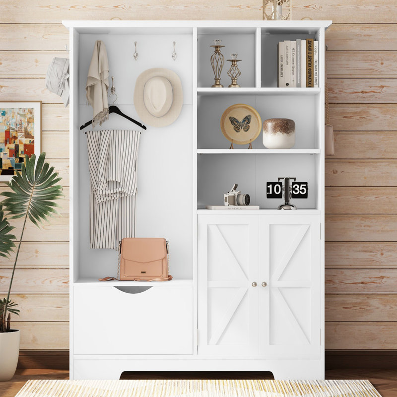 Portemanteau multifonctionnel avec armoire à chaussures, tiroirs, tablettes et banc, portemanteau moderne avec crochets pour le vestibule, le couloir, le vestibule, le vestibule
