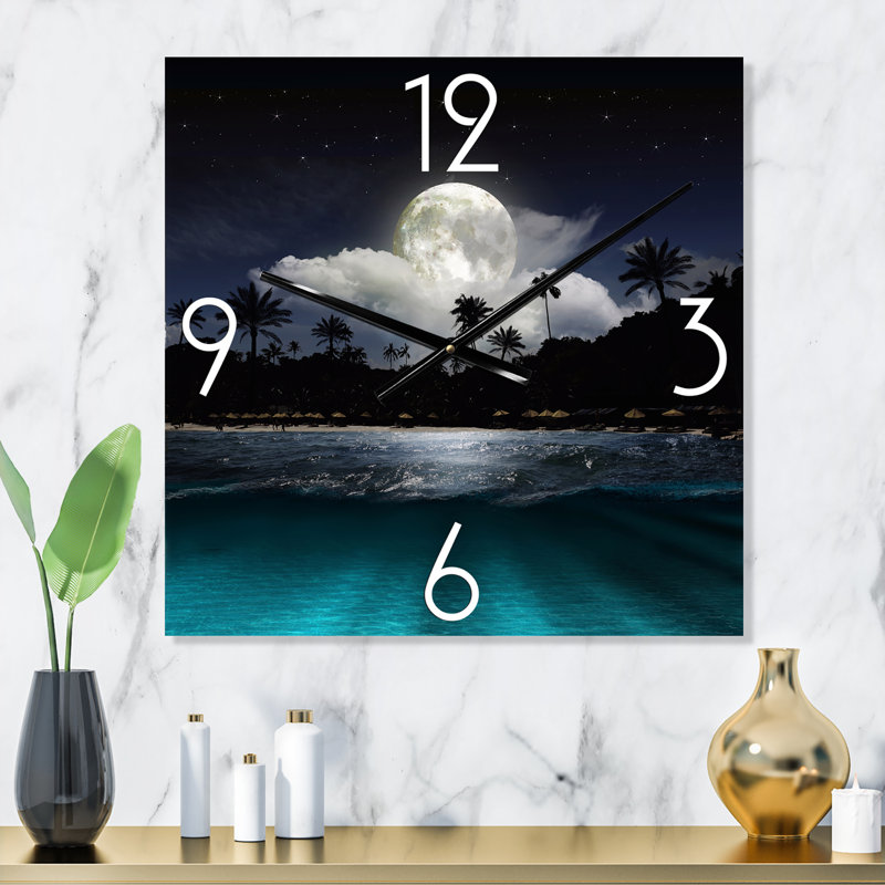 Horloge murale moderne bateau de pêche sous la pleine lune tropicale, Petit
