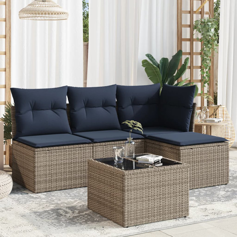 Ensemble de canapé de patio 5 pièces avec coussins en rotin de polyester, Gris, Marine